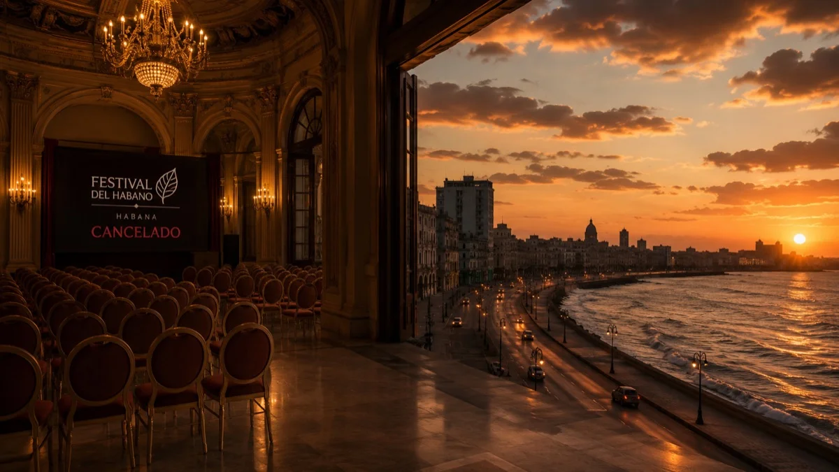 Auditório vazio com telão Festival del Habano Cancelado, aberto para o litoral de Havana ao pôr do sol