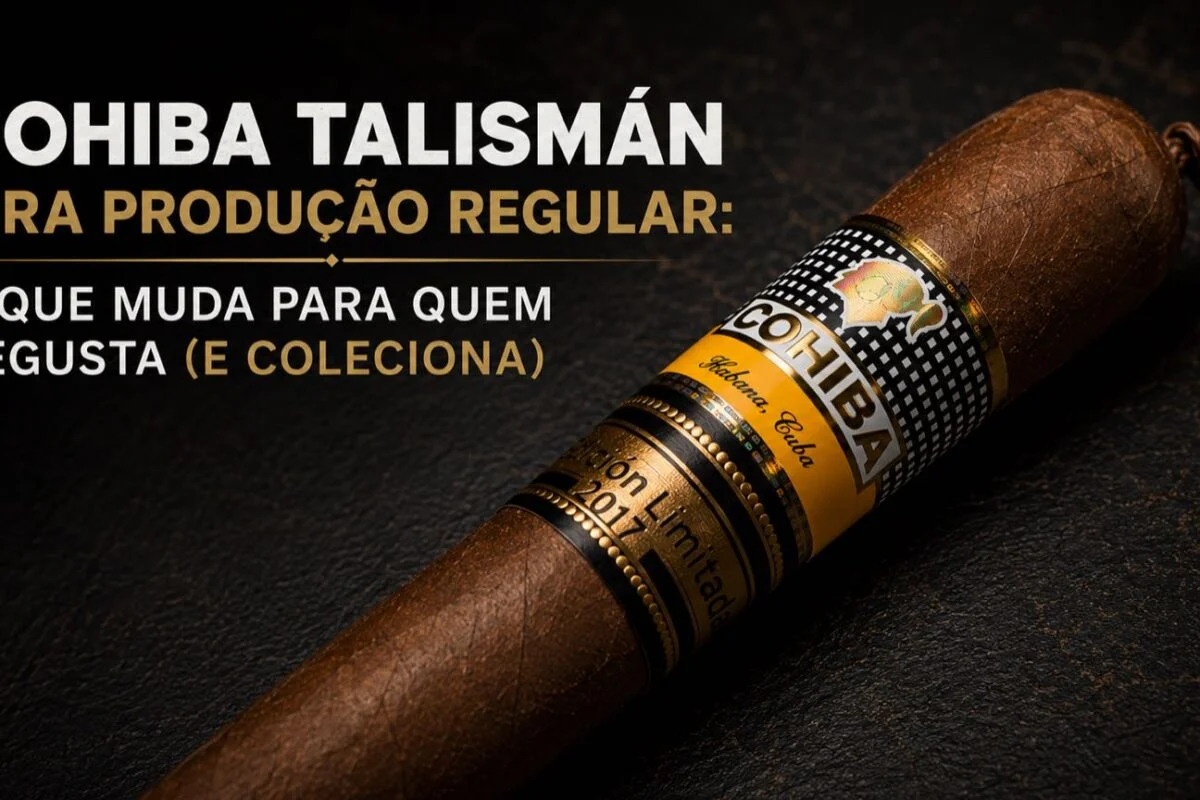 Charuto Cohiba Talismán com anilha Edición Limitada 2017 sobre couro escuro, com o título do artigo ao lado