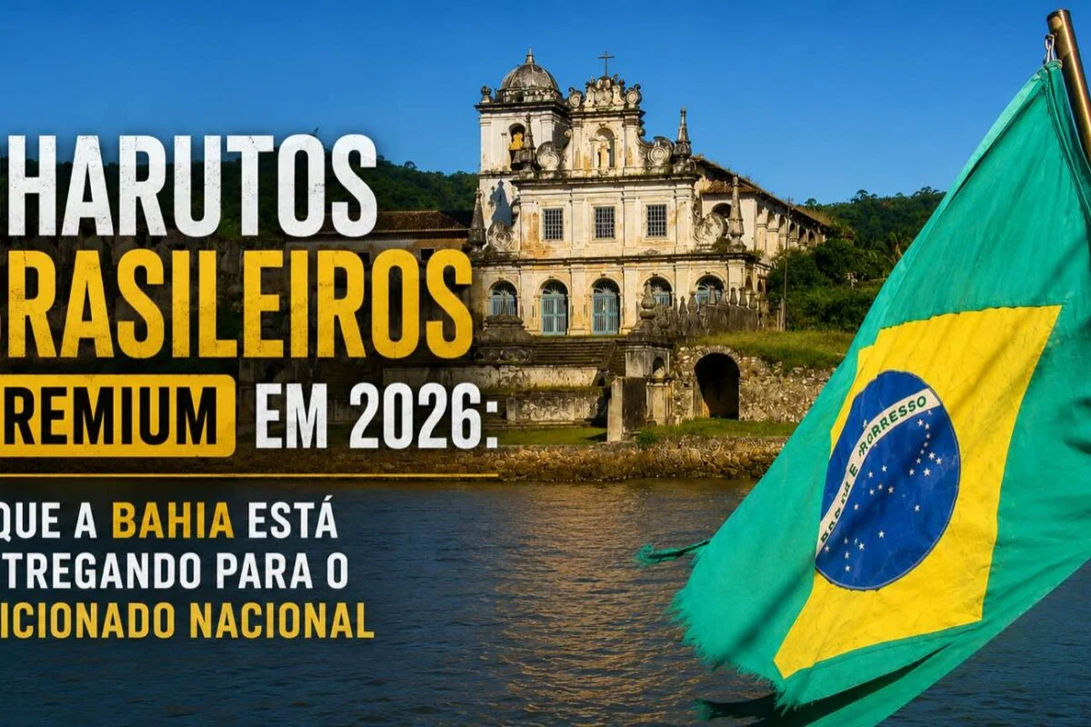 Bandeira do Brasil diante de um conjunto colonial às margens de um rio, com o título Charutos Brasileiros Premium em 2026