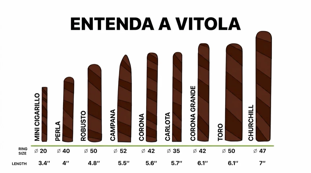 Infográfico Entenda a Vitola com nove silhuetas de charutos, do Mini Cigarillo ao Churchill, com Ring e comprimento