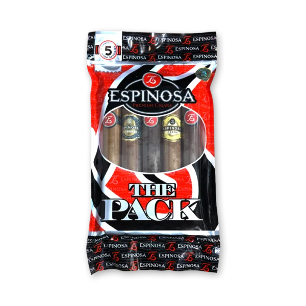 Embalagem Espinosa The Pack em preto e vermelho com janela mostrando cinco charutos de anilhas diferentes