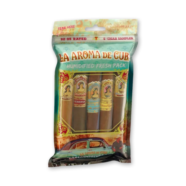 Frente do pacote La Aroma de Cuba Humidified Fresh Pack com janela mostrando cinco charutos