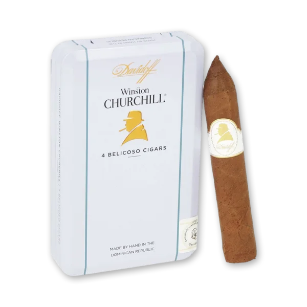 Lata branca Davidoff Winston Churchill com 4 charutos belicosos e um charuto ao lado