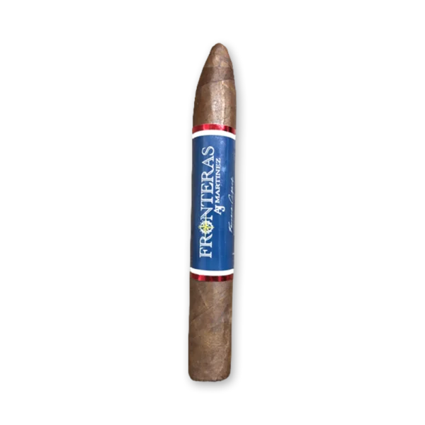 Charuto Fronteras AJ Martinez Perceverancia Pirâmide Maduro de capa escura com anilha azul e filetes vermelhos