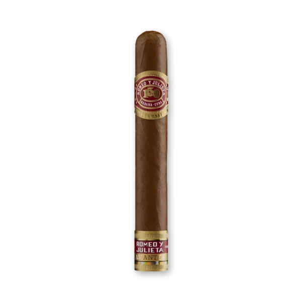 Charuto Romeo y Julieta Amantes de capa marrom escura, com anilha comemorativa 150 e faixa Amantes no pé