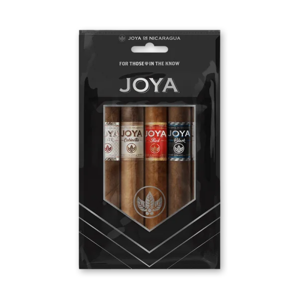 Embalagem preta Joya Line Go-Pack com janela mostrando charutos com anilhas Silver, Cabinetta, Red e Black