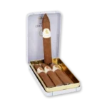 Lata branca aberta da Davidoff Winston Churchill com quatro charutos belicosos, um deles em pé