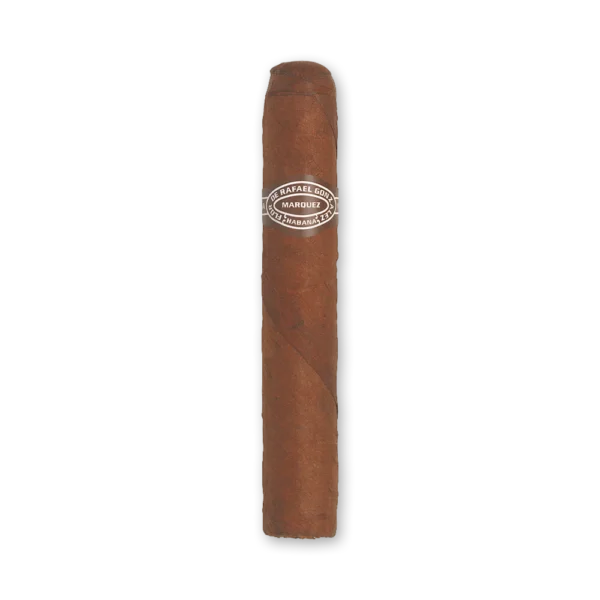 Charuto Rafael González Perlas curto e grosso, de capa marrom avermelhada, com anilha oval marrom Marquez Habana