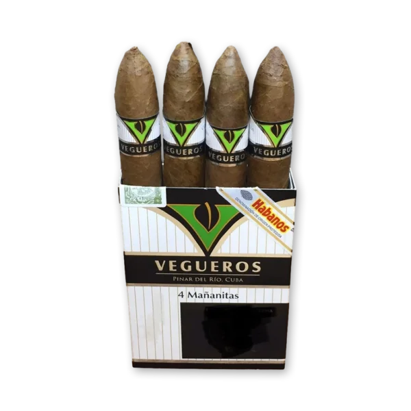 Petaca Vegueros 4 Mañanitas com quatro charutos de cabeça pontiaguda e anilhas com o V verde da marca